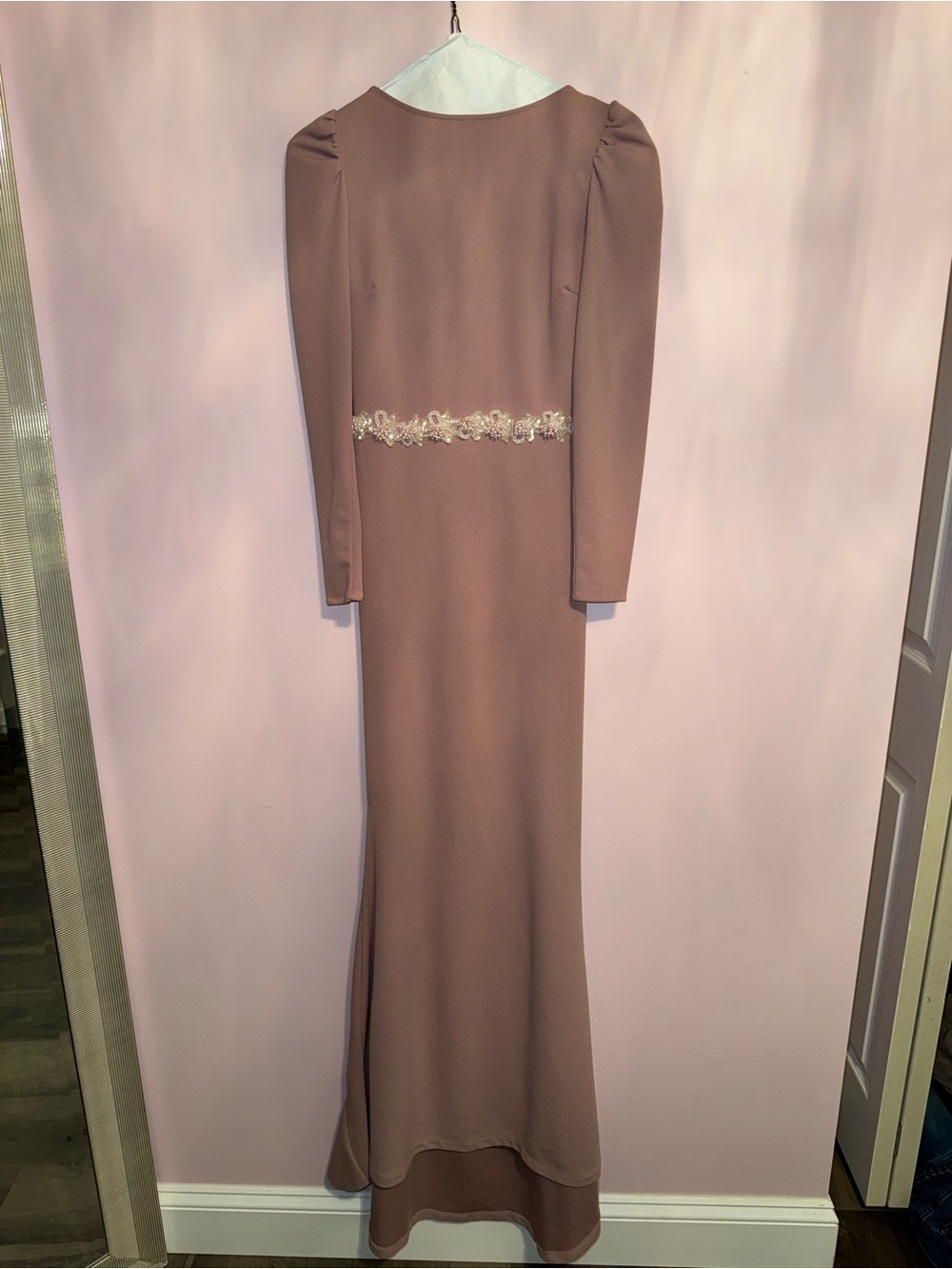 Custom Made Elegant Light Pink Long Sleeve Evening Dress with Beaded Waist